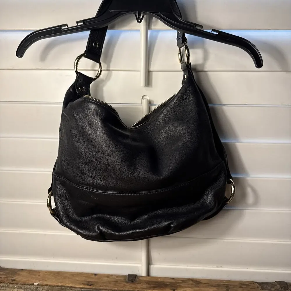 Michael Kors Fulton Leather Hobo Shoulder Bag Black Inside MK logo Flap (used)